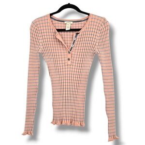 Sundance Ribbed Knit Top‎ Button Front Long Sleeve Casual Blouse Pink Size M